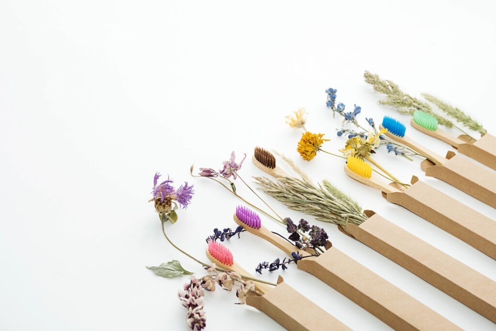 Multicolored Bamboo Toothbrushes With Dried Flowers. Zero Wast W