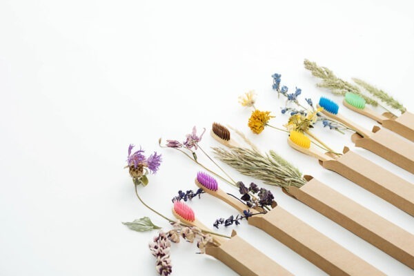 Multicolored Bamboo Toothbrushes With Dried Flowers. Zero Wast W