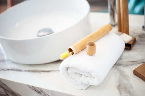 Bamboo Toothbrushes On A Shelf In The Bathroom. Zero Waste, Eco, Save Planet