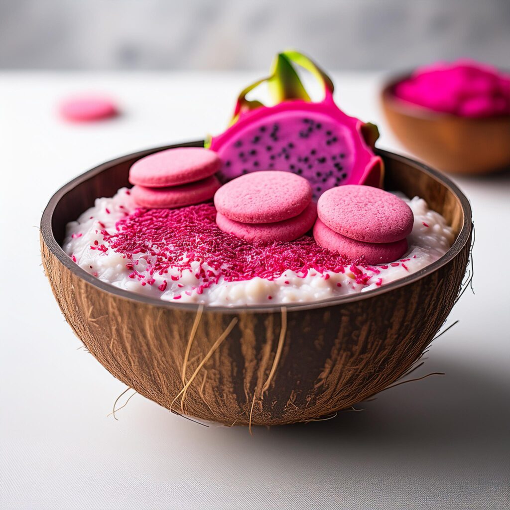 Oatmeal Topped With Pink Pitaya Powder And Pink Sugar Cookies