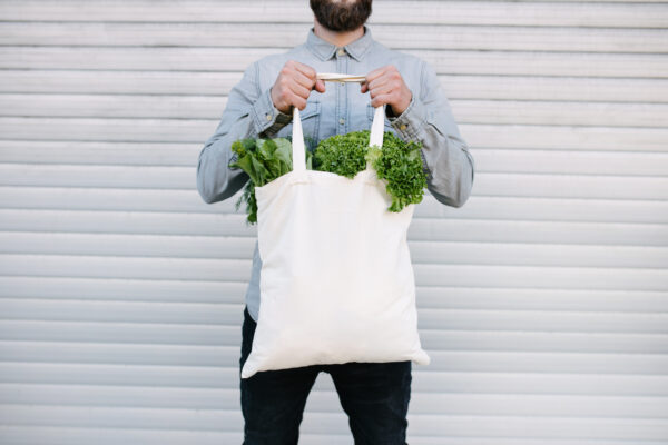 White Eco Cotton Bag Filled With Grocery For Mock Up Or Your Logo