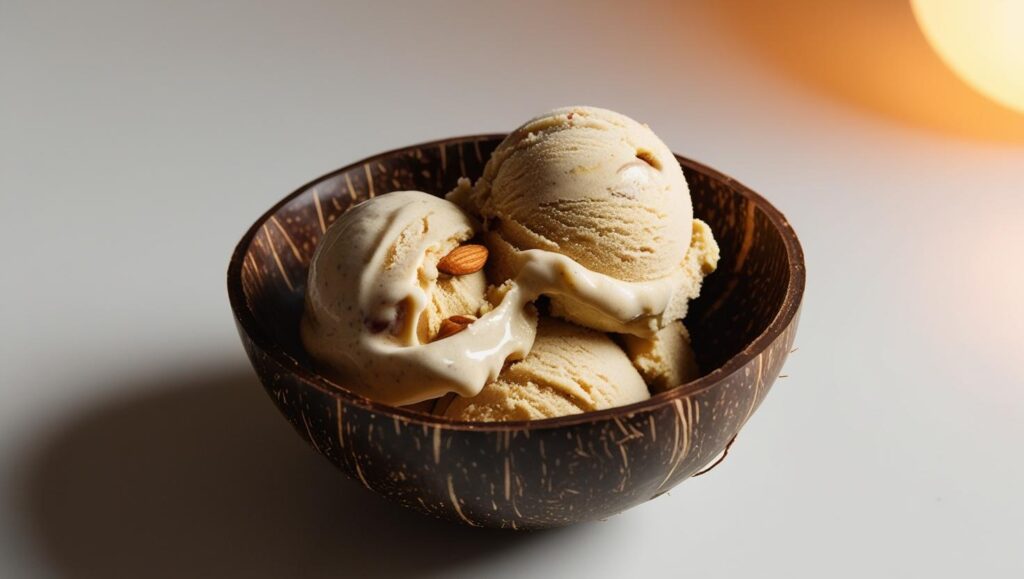 Cashew Butter Honey Almond Nice Cream In A Coconut Bowl