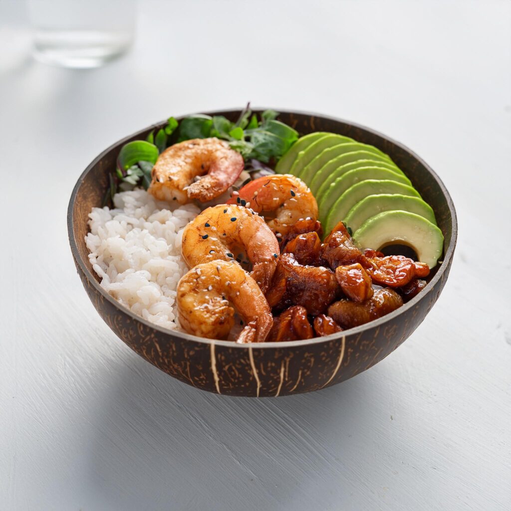 Firefly Bbq Shrimp Buddha Bowl Served In A Smooth Polished Coconut Bowl In A White Buddha Kitchen 99