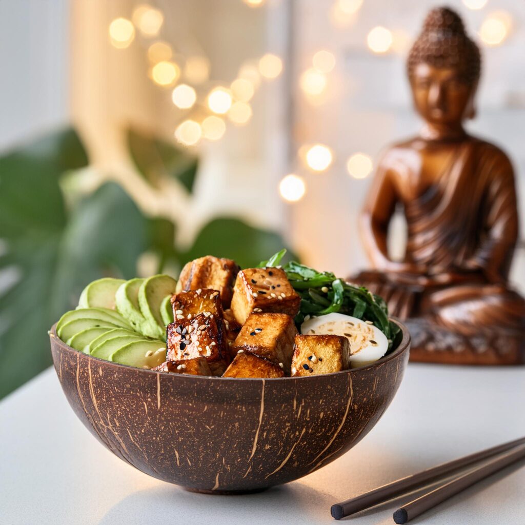 Firefly Bbq Teriyaki Tofu Buddha Bowl, In A Smooth Coconut Bowl, White Kitchen, Buddha Statue, Subtl (2)