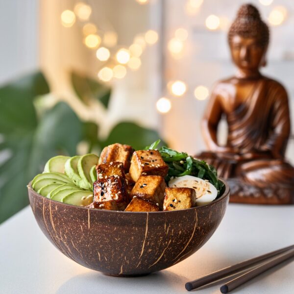 Firefly Bbq Teriyaki Tofu Buddha Bowl, In A Smooth Coconut Bowl, White Kitchen, Buddha Statue, Subtl (2)