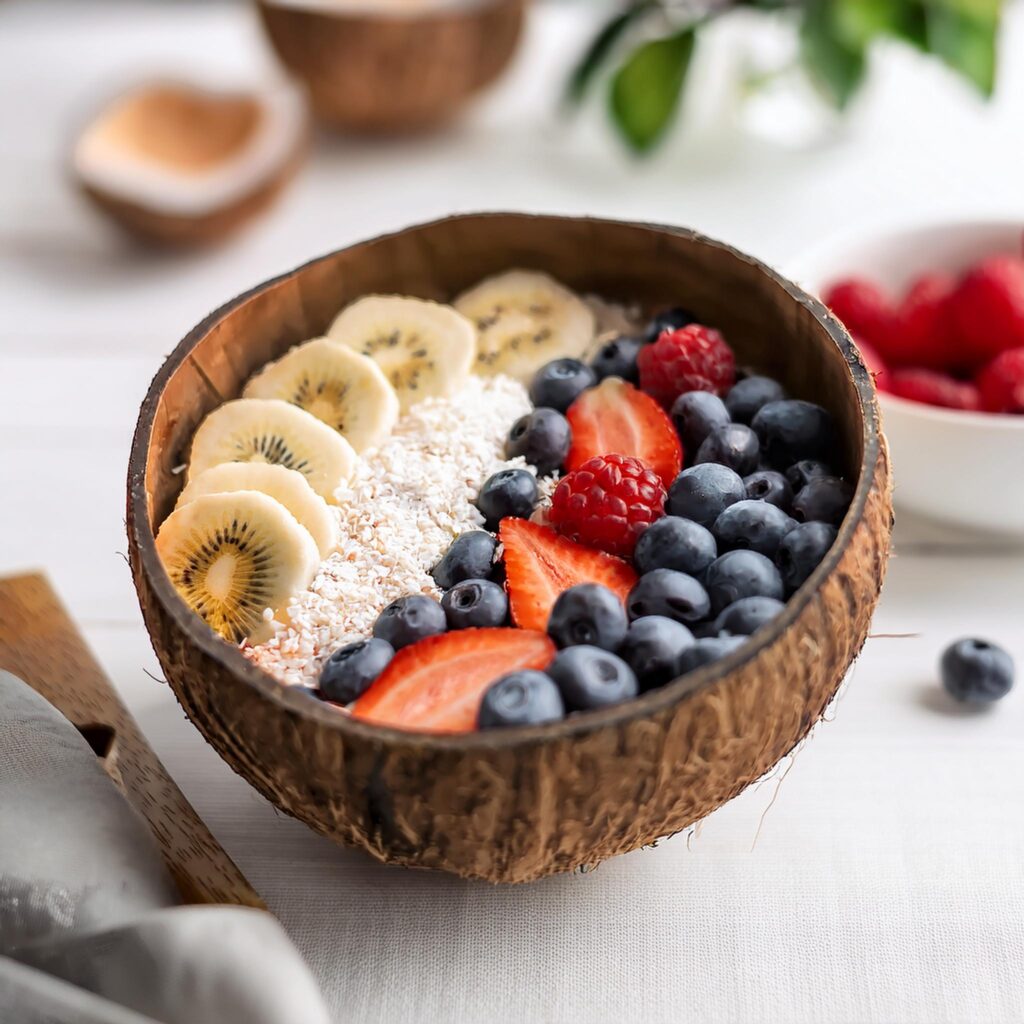 Firefly Berry Nut Breakfast Bowl Served In A Smooth Polished Coconut Bowl In A White Buddha Kitchen