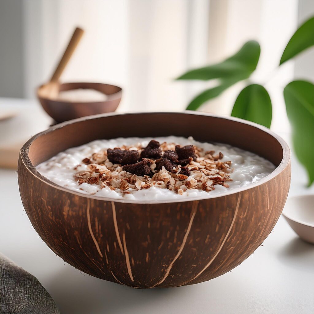 Firefly Black Forest Overnight Oats Served In A Smooth Polished Coconut Bowl In A White Buddha Kitch