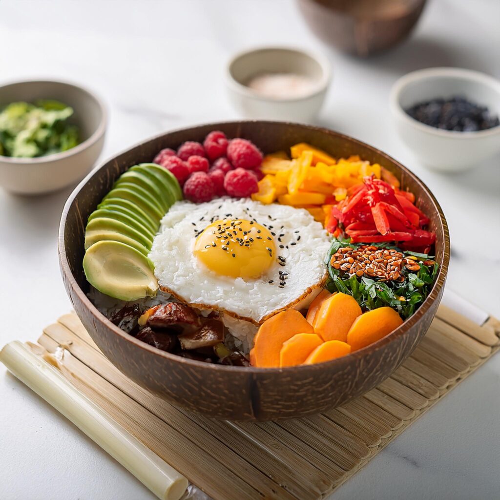 Firefly Breakfast Bibimbap Bowl Served In A Smooth Polished Coconut Bowl In A White Buddha Kitchen 9