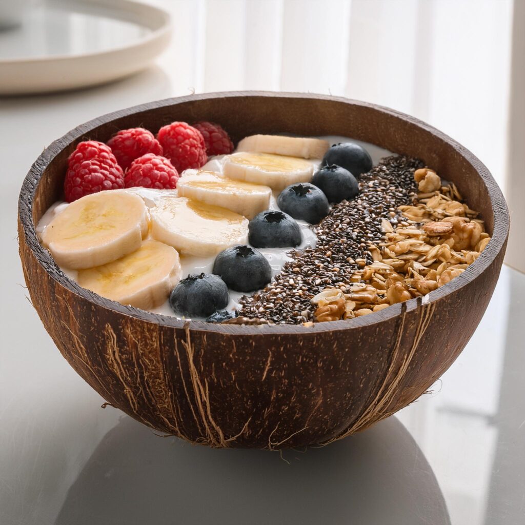 Firefly Breakfast Bowl Bonanza Served In A Smooth Polished Coconut Bowl In A White Kitchen 74454