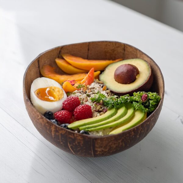 Firefly Breakfast Burrito Buddha Bowl Served In A Smooth Polished Coconut Bowl In A White Kitchen 99