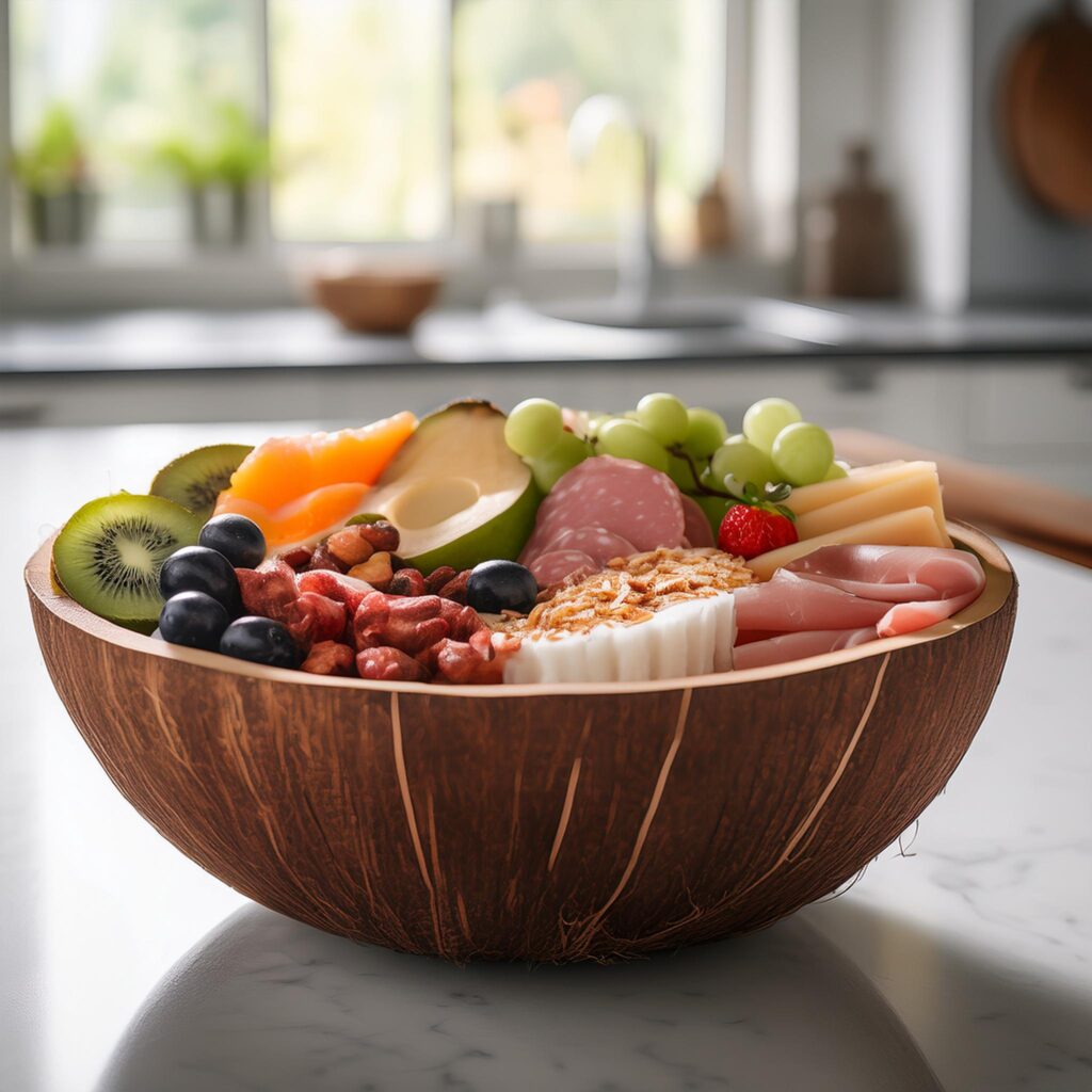 Firefly Breakfast Charcuterie Bowl Served In A Smooth Polished Coconut Bowl In A White Kitchen 74454