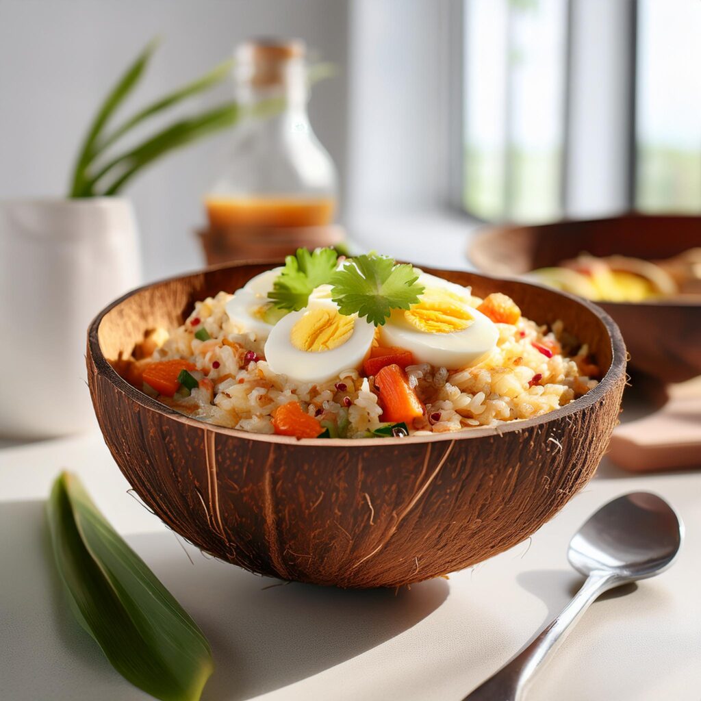 Firefly Breakfast Fried Rice Bowl Served In A Smooth Polished Coconut Bowl In A White Kitchen 18342