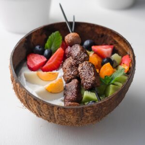 Firefly Breakfast Kebab Bowl Served In A Smooth Polished Coconut Bowl In A White Kitchen 50829