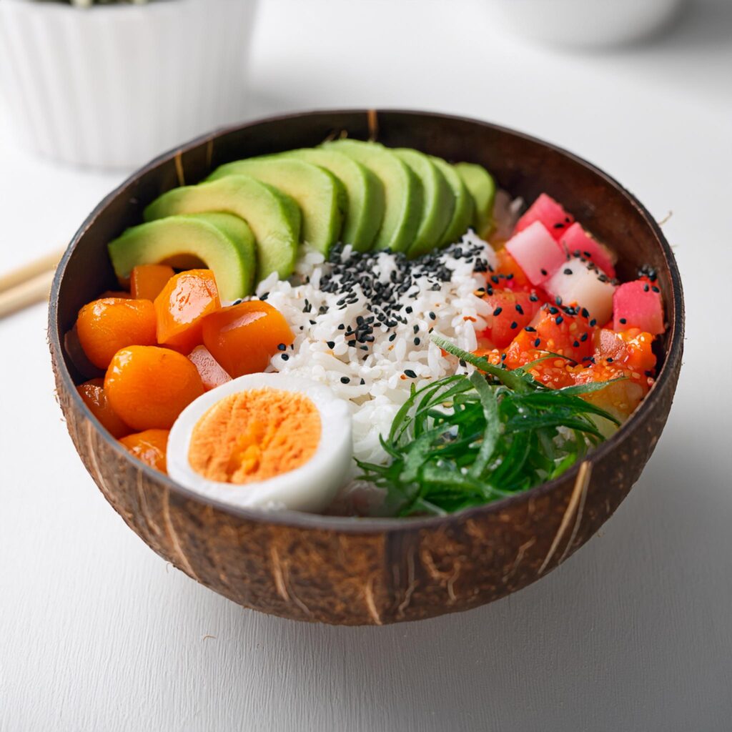 Firefly Breakfast Poke Bowl Served In A Smooth Polished Coconut Bowl In A White Kitchen 50829