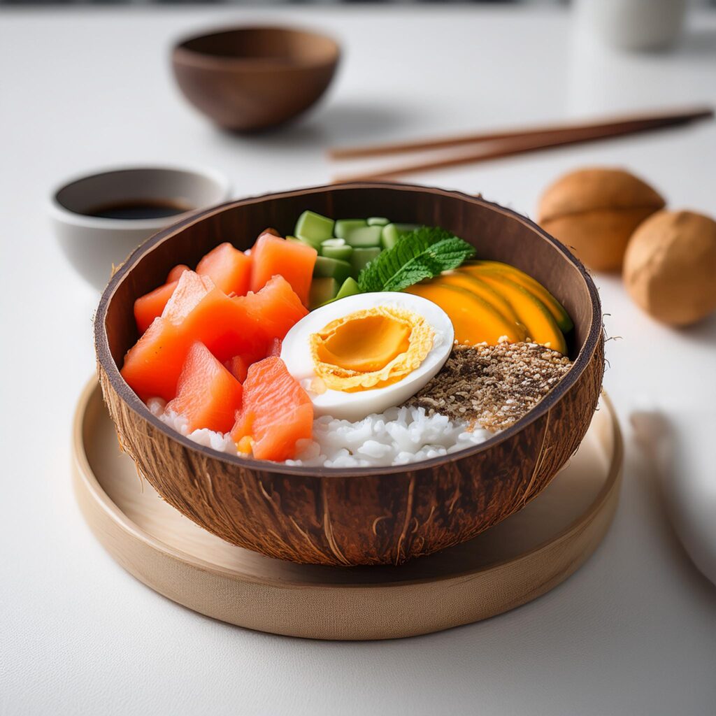 Firefly Breakfast Sushi Bowl Served In A Smooth Coconut Bowl In A White Kitchen 50829