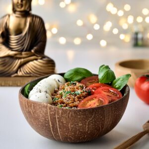 Firefly Caprese Quinoa Buddha Bowl, In A Smooth Coconut Bowl, White Kitchen, Buddha Statue, Subtle T (1)