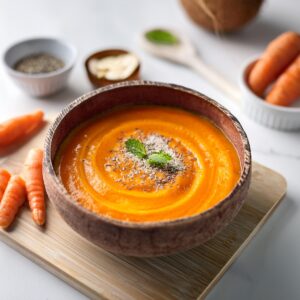 Firefly Carrot Ginger Smoothie Bowl Served In A Smooth Coconut Bowl In A White Kitchen 99433