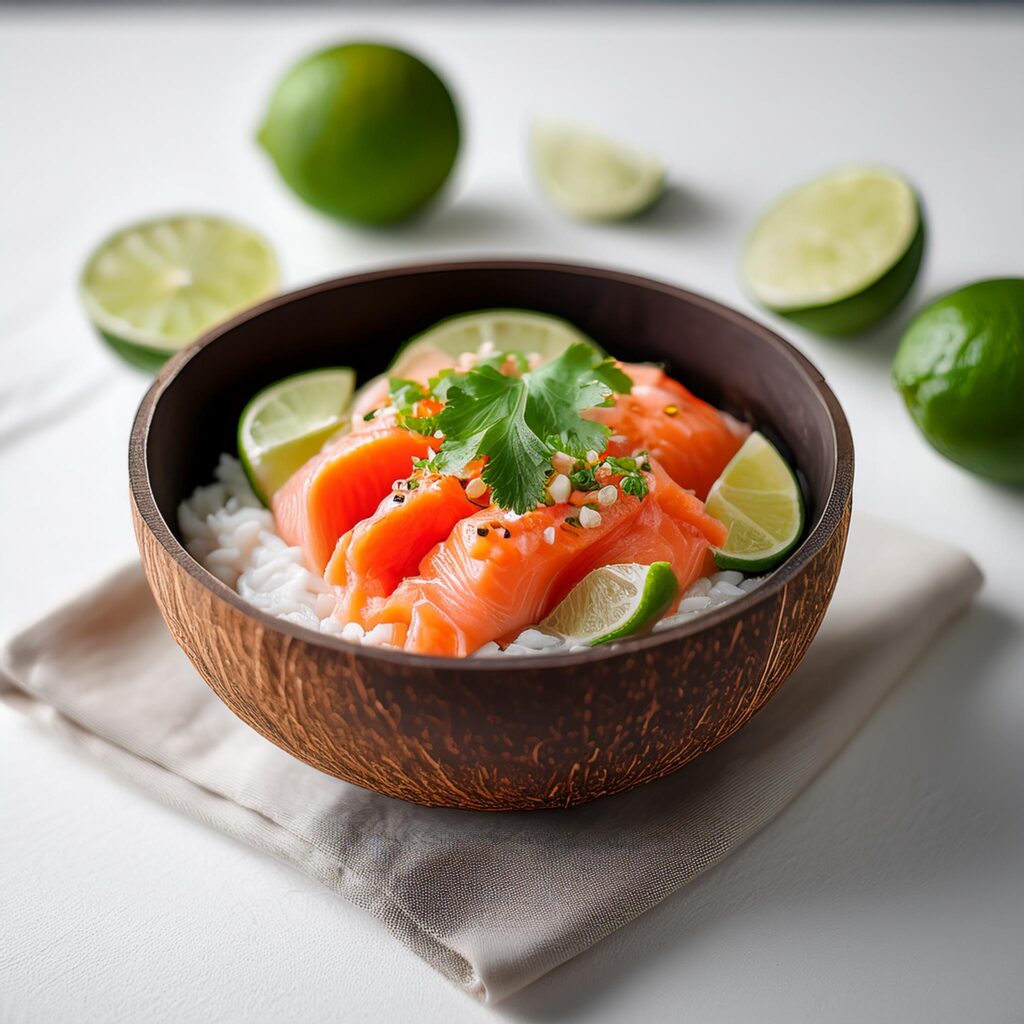 Firefly Chili Lime Salmon Bowl Served In A Smooth Coconut Bowl In A White Kitchen 50829