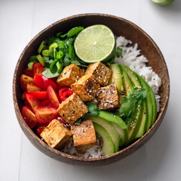 Firefly Chili Lime Tofu Buddha Bowl Served In A Polished Smooth Coconut Bowl In A White Kitchen 5082