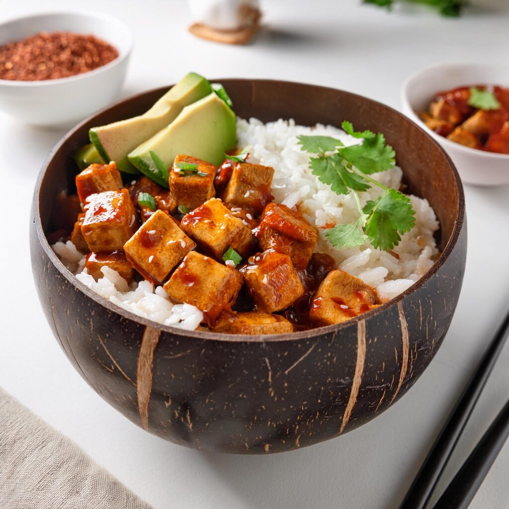 Firefly Chipotle Tofu And Rice Bowl Served In A Polished Smooth Coconut Bowl In A White Kitchen 1834