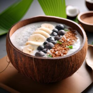 Firefly Coconut Base Smoothie Bowl Served In A Polished Smooth Coconut Bowl 74454