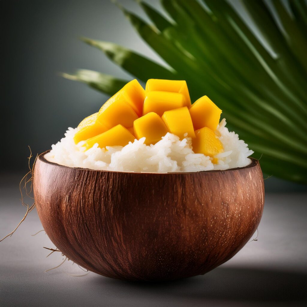 Firefly Coconut Mango Sticky Rice Served In A Polished Smooth Coconut Bowl 74454