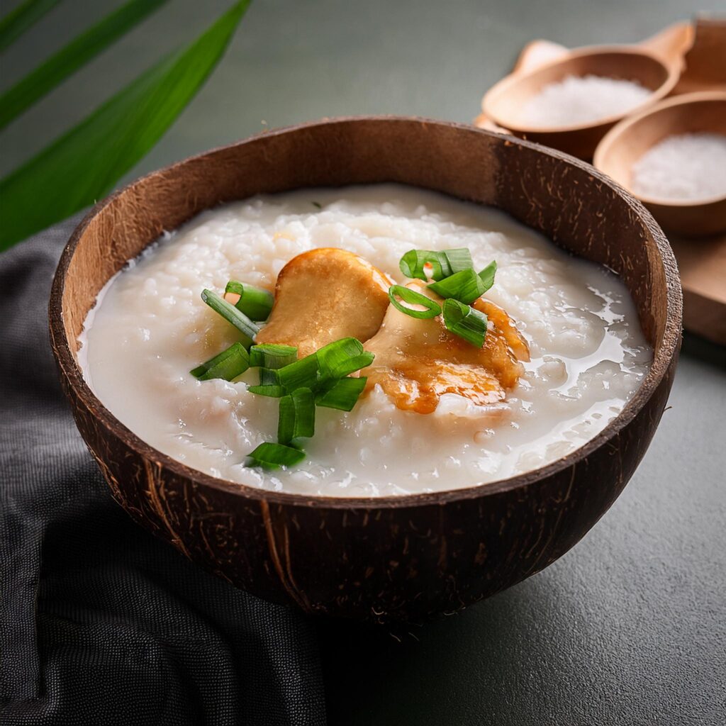 Firefly Congee Breakfast Bowl Served In A Polished Smooth Coconut Bowl 74454