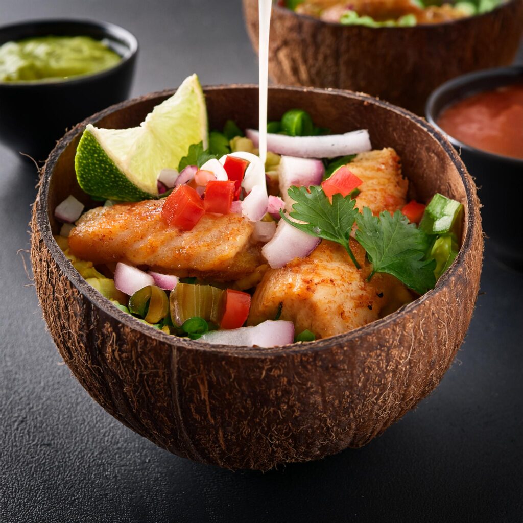 Firefly Mexican Fish Taco Bowl In A Polished Smooth Coconut Bowl 74454