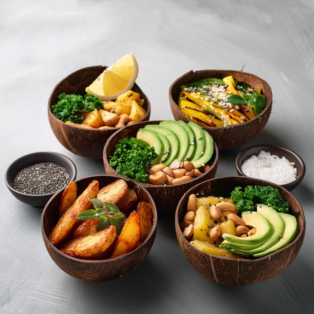 Firefly Buddha Bowls And Potato Wedges Served In Coconut Bowls 55398