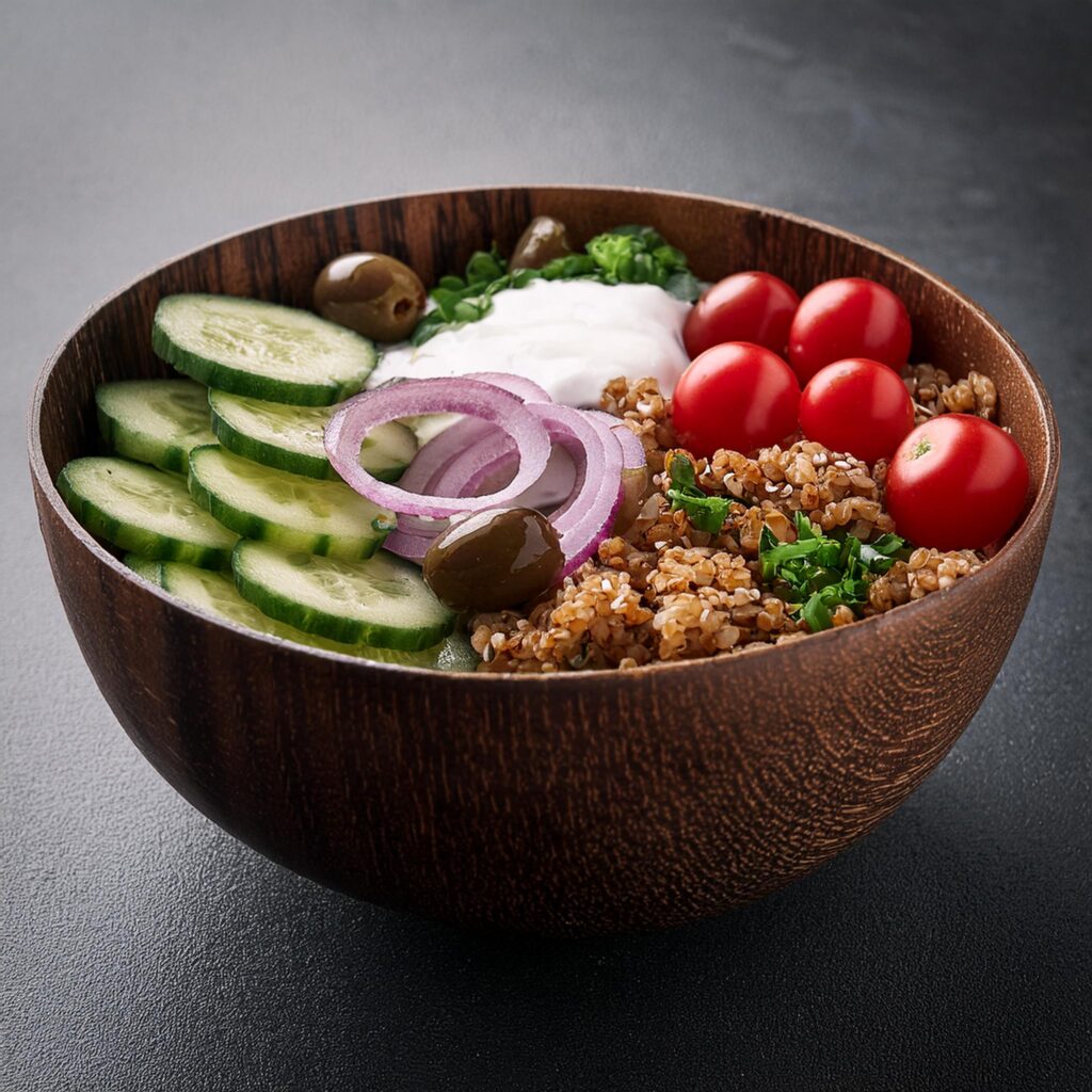 Firefly Create A Realistic Photo Of Freekeh, Cucumbers, Cherry Tomatoes, Red Onion, Olives, Greek Yo (1)