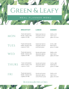 Green Leafy Meal Planner Menu