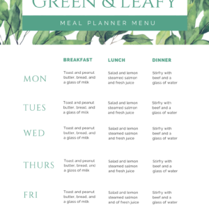 Green Leafy Meal Planner Menu