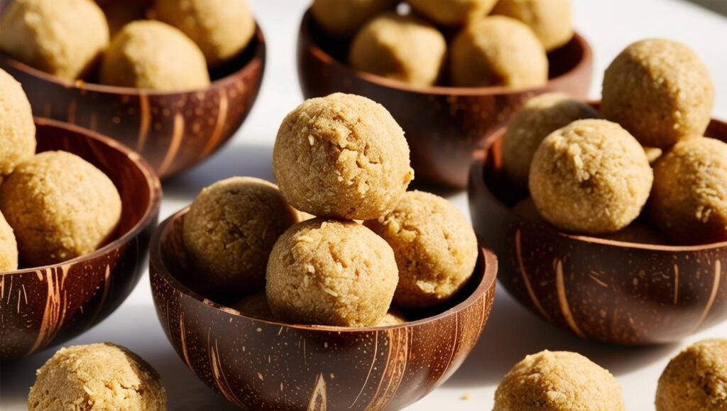 Maca Coconut Energy Bites In Coconut Bowls