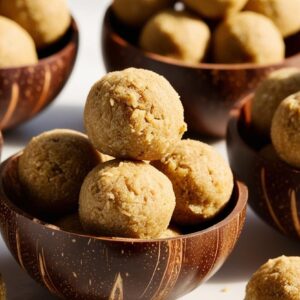 Maca Coconut Energy Bites In Coconut Bowls