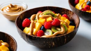 Nut Butter Fruit Salad In A Coconut Bowl