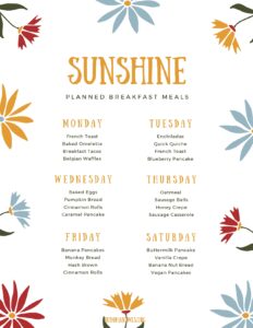 Sunshine Meal Planner Menu