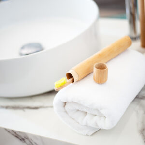 Bamboo Toothbrushes On A Shelf In The Bathroom. Zero Waste, Eco, Save Planet