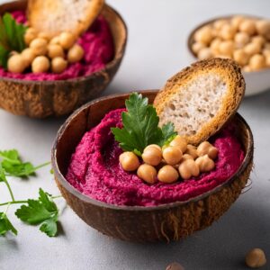 Beet Hummus Served In Coconut Bowls With Chickpeas