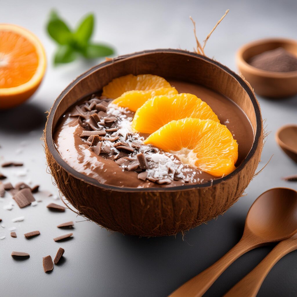 Chocolate Orange Smoothie Bowl Served In A Coconut Shell Bowl