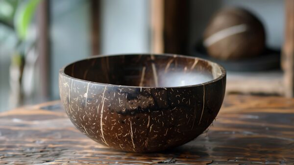 Coconut Shell Bowl On Wooden Table