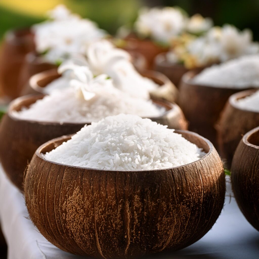 Coconut Bowls Filled With Rice At A Wedding