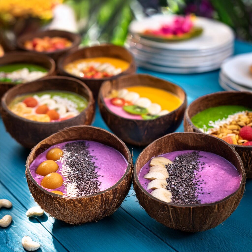 Coconut Bowls Filled With Smoothie Bowls At A Party