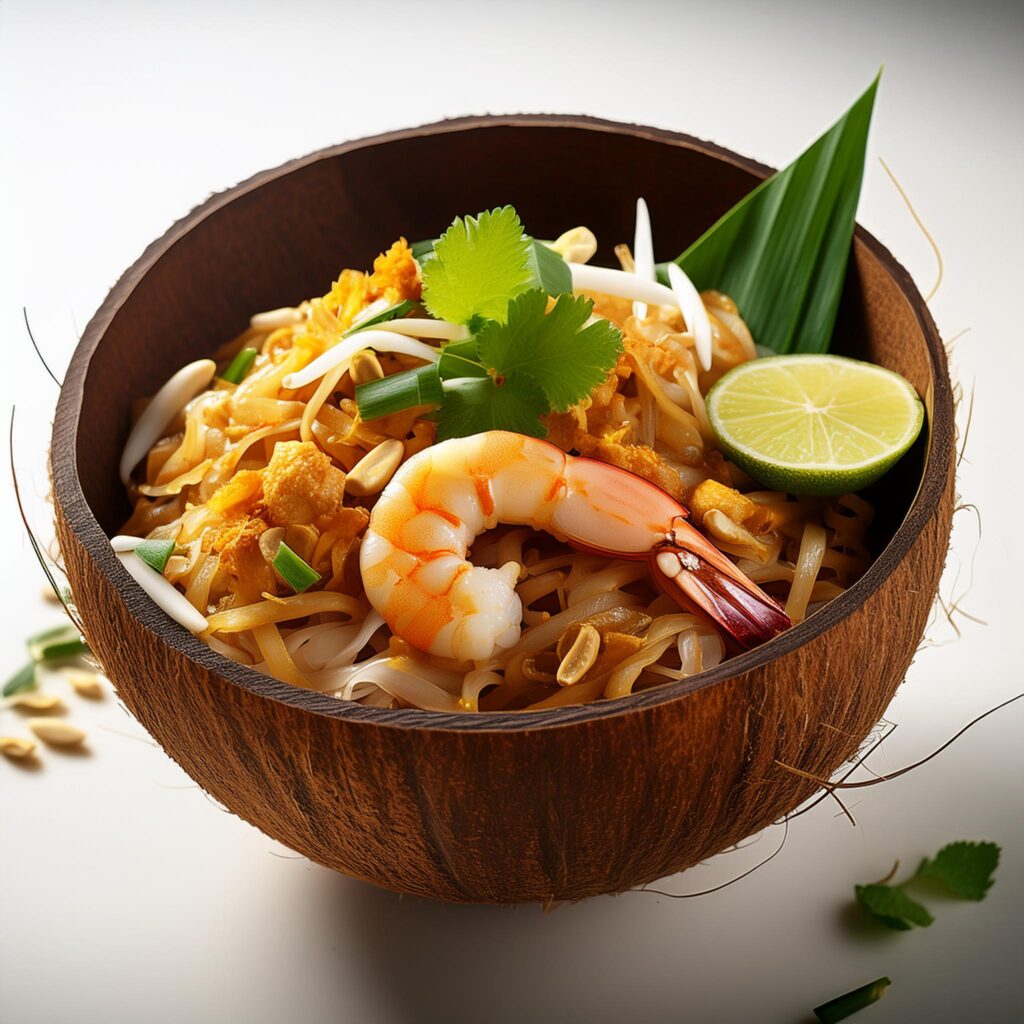 Coconut Pad Thai Served In A Coconut Bowl