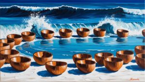 Painting Blue Waves On Coconut Bowls (1)