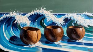 Painting Blue Waves On Coconut Bowls (2)