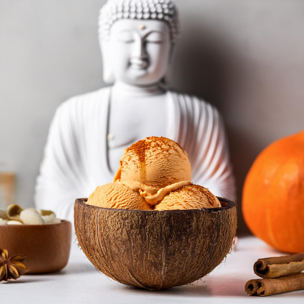 Firefly Pumpkin Spice Ice Cream In A Smooth Coconut Bowl, Blurred Background On A White Counter With