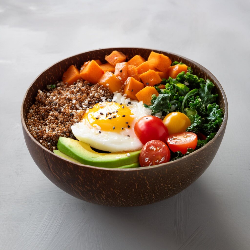 Quinoa, Cubed Sweet Potatoes, Sautéed Kale Egg