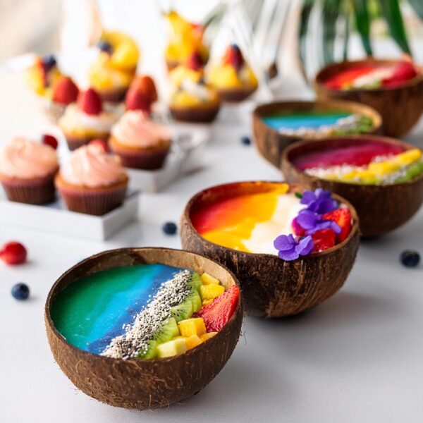 Rainbow Smoothie Bowls In Smooth Coconut Bowls, Blurred Background Served On A White Counter