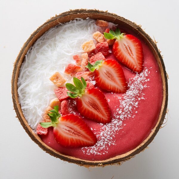 Strawberry Shortcake Smoothie Bowl In A Coconut Bowl