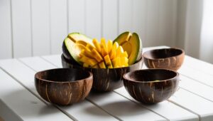 Tropical Mango & Avocado Bowl In Coconut Bowls, White Table (1)